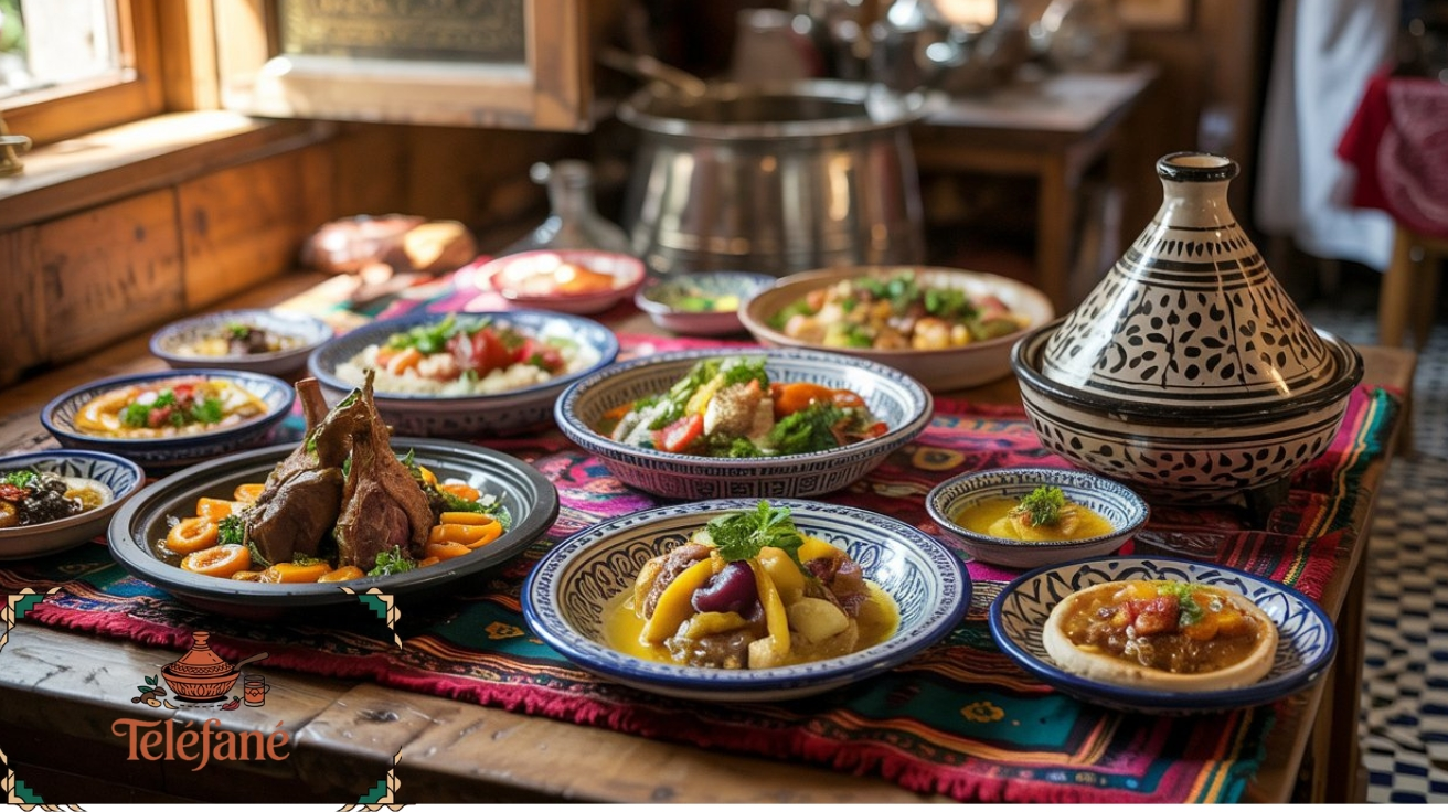 Traditional Moroccan tagine with lamb, vegetables, and aromatic spices served in a clay pot